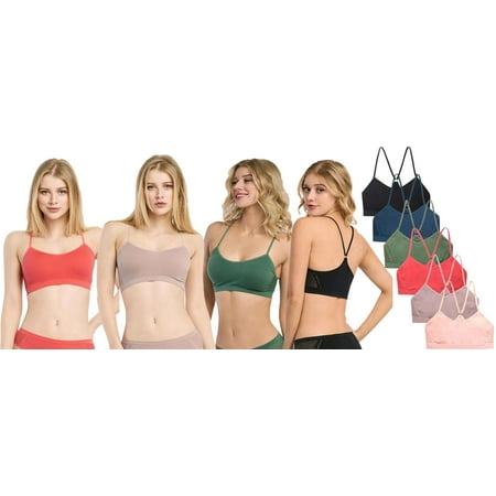 Women s Seamless Racerback Bralette Mesh at Sides  One Size  6-Pack (Black/Deep Blue/Olive/Taupe/Peach/Rose Red)