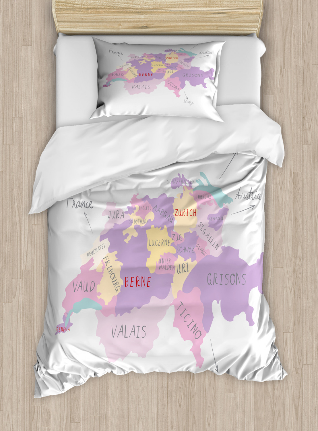 Zurich Duvet Cover Set Twin Size, Hand Drawn Map Illustration with