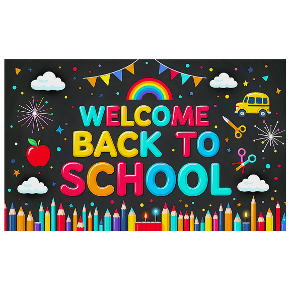 Colorful Welcome Back to School Banner with Rainbow Clouds Pencils and School Bus Backdrop Party Decoration for Classroom Entrance Photo Props Opening Ceremony Supplies