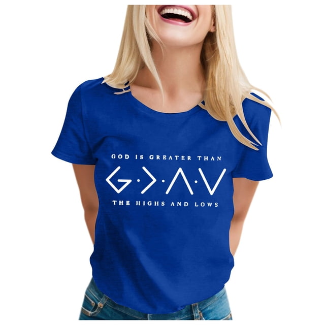 TSADFHJI Hauts de Noël Élégants pour Femmes, Dieu Vert Est Plus Grand Que les Hauts et les Bas, T-Shirt à Manches Courtes, Graphique, TG Bleu
