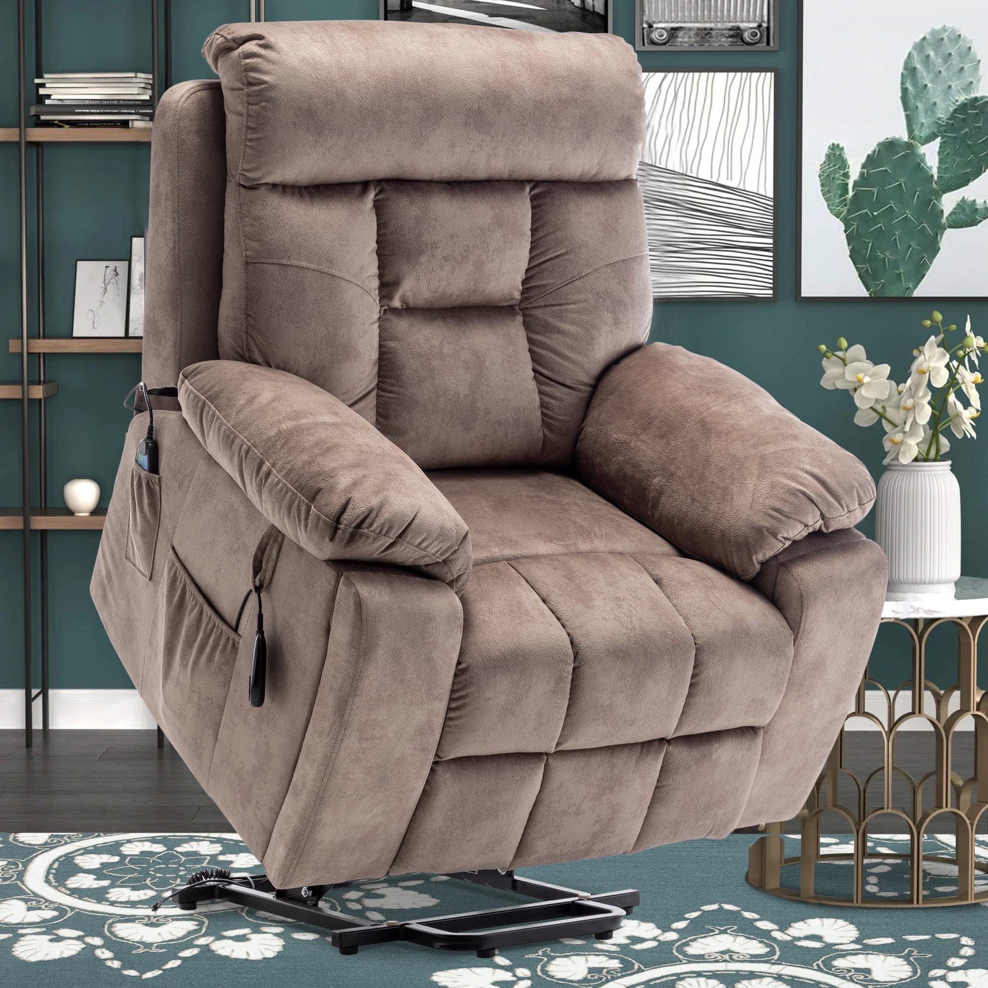 PAPROOS Oversized Electric Massage Lift Chair, Large Power Lift Recliner with Heat Therapy, Fabric Reclining Sofa with Remote, Hidden Cup Holder and Side Pocket for Elderly Seniors, Antique Brown