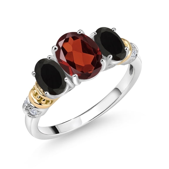 Gem Stone King 925 Sterling Silver and 10K Yellow Gold Oval Red Garnet Black Onyx and White Diamond 3 Stone Ring for Women (2.33 Cttw, Gemstone January Birthstone, Size 5)