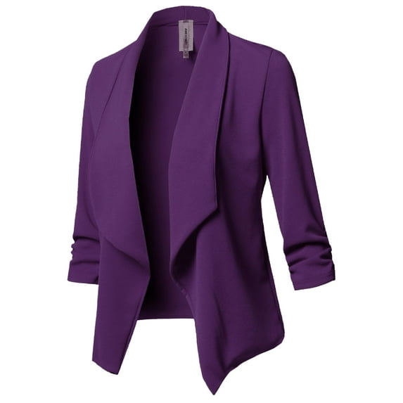FashionOutfit Women's Stretch 3/4 Gathered Sleeve Open Blazer Jacket