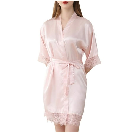 BRGZLK Women s Satin Robe Valentines Lingerie for Women Kimono Bathrobe Short Ruffle Belted Robes Bridesmaids Sleepwear Pink XL