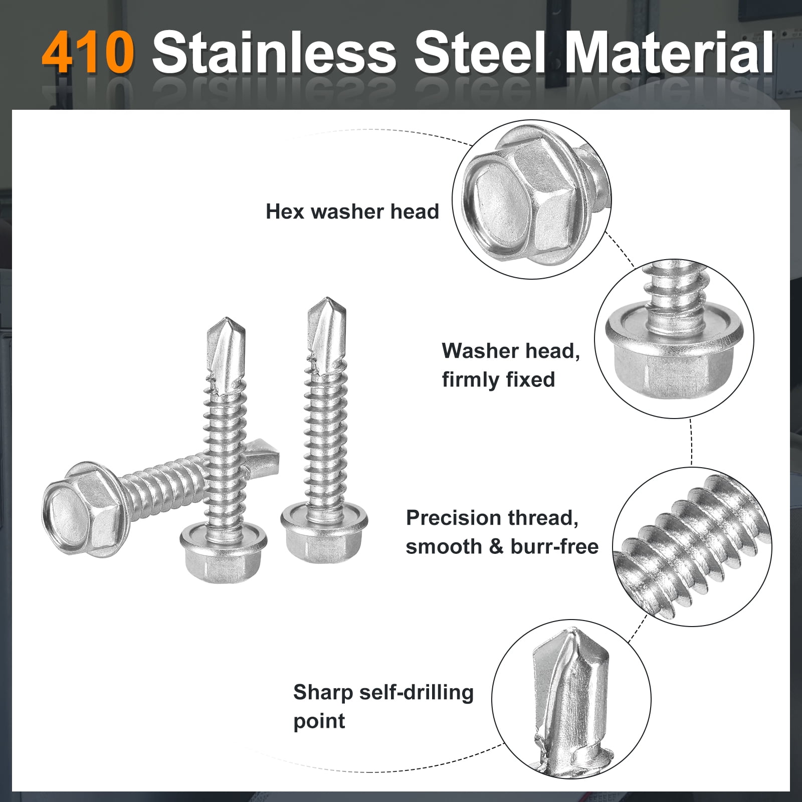 Uxcell 100 Pack #14 x 1-1/4" Self Drilling Screws, 410 Stainless Steel Self Tapping Screws for Metal, Hex Washer Head Sheet Metal