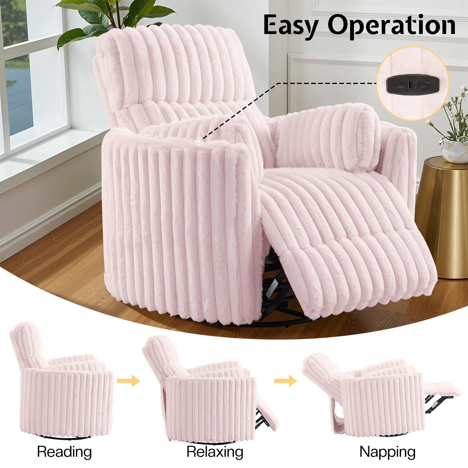 Papajet Power Recliner Nursery Chair for Adults, Electric Swivel Rocking Glider with USB & Type-C for Living Room, Bedroom, Light Pink