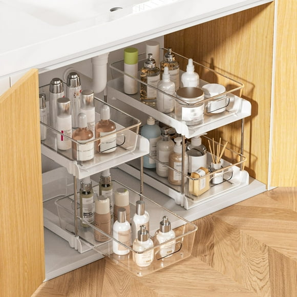 Bathroom Storage Organizer, Clear Under Sink Organizers Vanity Counter Storage Container, Medicine Cabinet Drawers Bins, PullOut Organization with Track for Pantry, Kitchen