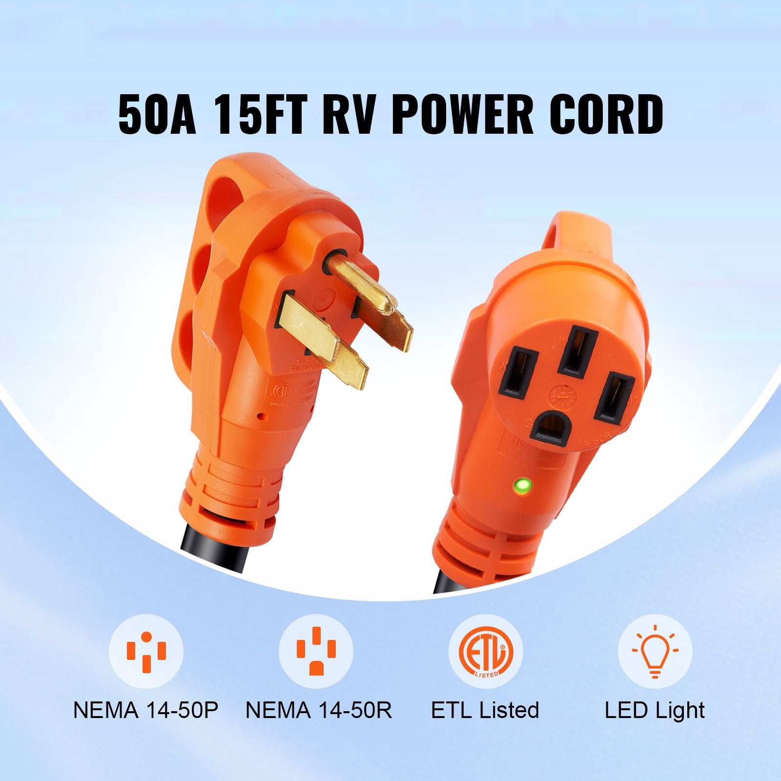 Dranite 15ft 50 Amp Heavy Duty STW RV Extension Cord with LED Handle, NEMA 14-50P to 14-50R, Includes 15A Adapter, ETL Listed for RVs, Campers, Generators