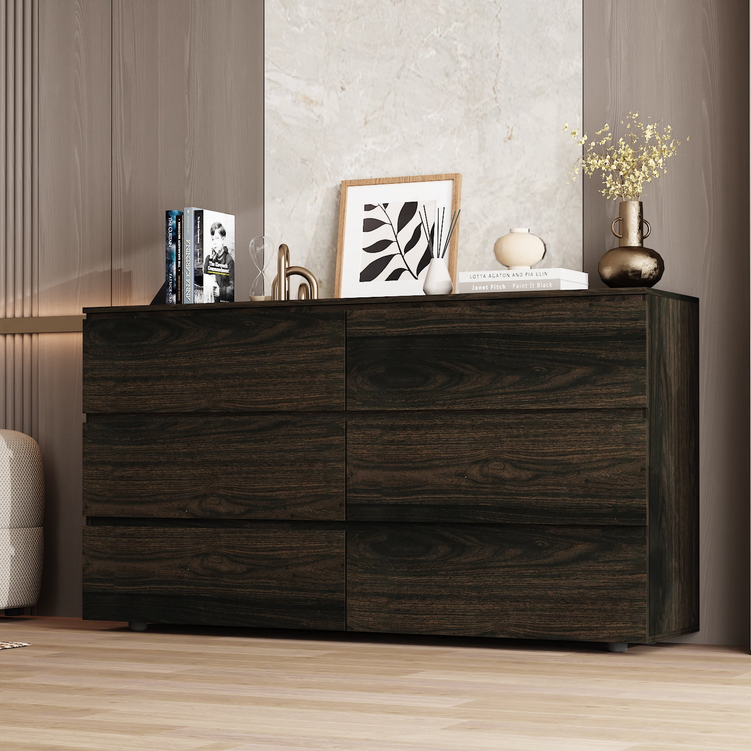 MONSLIPA 6 Drawer Dresser for Bedroom, Storage Organizer Chest of Drawers for Living Room Hallway Entryway, Brown