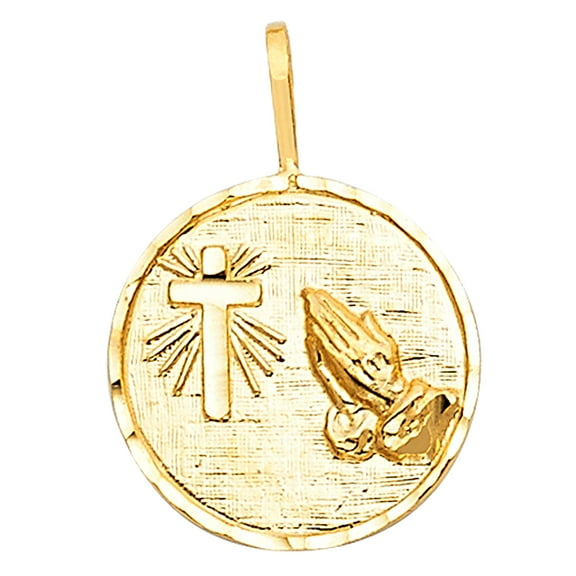 14k Yellow Gold Glory Be to God Praying Hands Prayer Medal Pendant Baptism Charm Jewelry Female