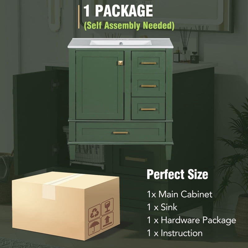 30" bathroom vanity with sink, Bathroom Vanities 30 Inch with Top, Single Sink Bathroom Vanity with 3 Drawers and 1 Soft Closing Door, 30 Restroom Vanity with Cuntertop Sink (Green)