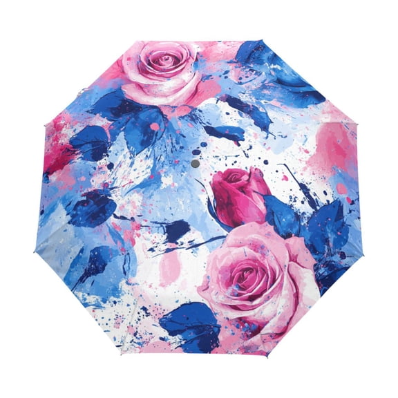 YAZAOO One-Touch Auto Open Close Rain Umbrella With Creative Pink and Blue Roses Rrt Pattern