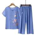 thumbnail image 2 of NMMUED Women's Cotton Linen Two Piece Lounge Set for Seniors Embroidered Short Sleeve Top Elastic High Waist Wide Leg Pants Breathable Lightweight Comfortable Summer Casual Wear Casual Sets for Women, 2 of 5