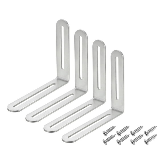 4Pcs Adjustable L-Shape Corner Brace with Slot, 4.72 x 3.94 Inch Stainless Steel Slotted Right Angle Corner Bracket with Screws for Wooden Furniture Cabinet, Silver