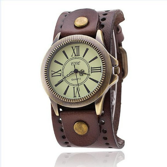 Guodhu Retro Steampunk Wide Cuff Analog Quartz Roman Numerals Wrist Watches for Men&Women Vintage Bronze Leather Band Unisex Watch Gifts for Her and Him