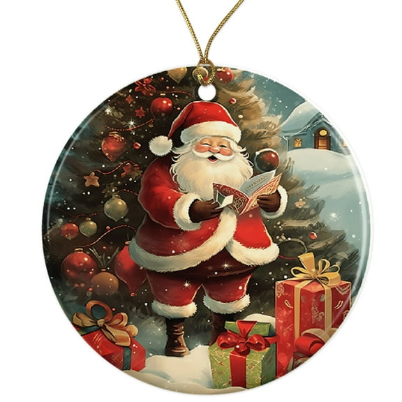 Santa Claus Round Ornament - Xmas Tree Decoration - Holiday Decor - Christmas Caroling - Winter Scene - Christmas Gift Ceramic Ornament - 3 Inch Christmas Tree Round Ornament ORNW0280