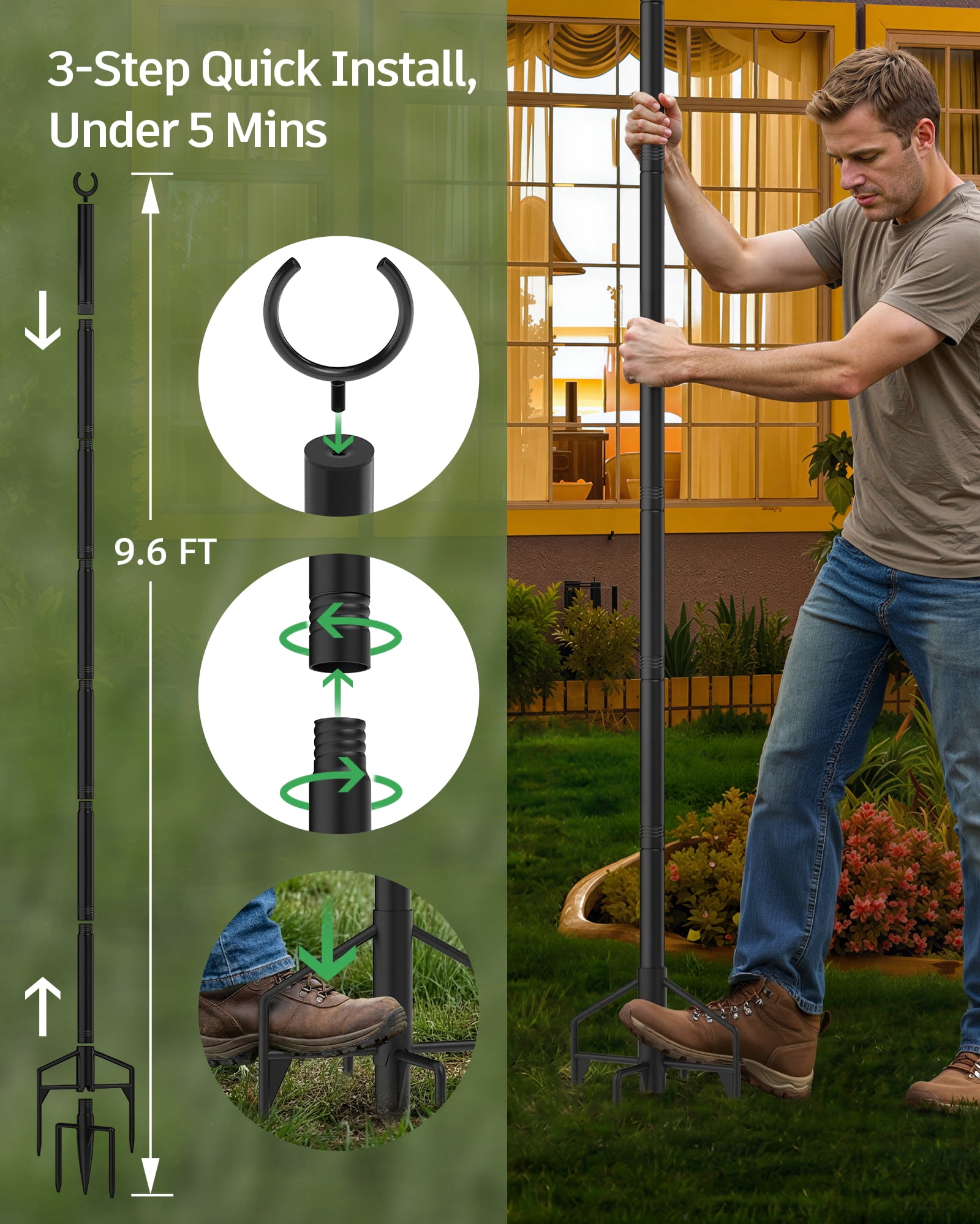 String Light Poles 2 Pack, Heavy Duty Outdoor Light Poles with Upgraded 5‑Prong Base, Anti‑Bending Stable Design for Backyard Patio Garden Wedding Party Decoration