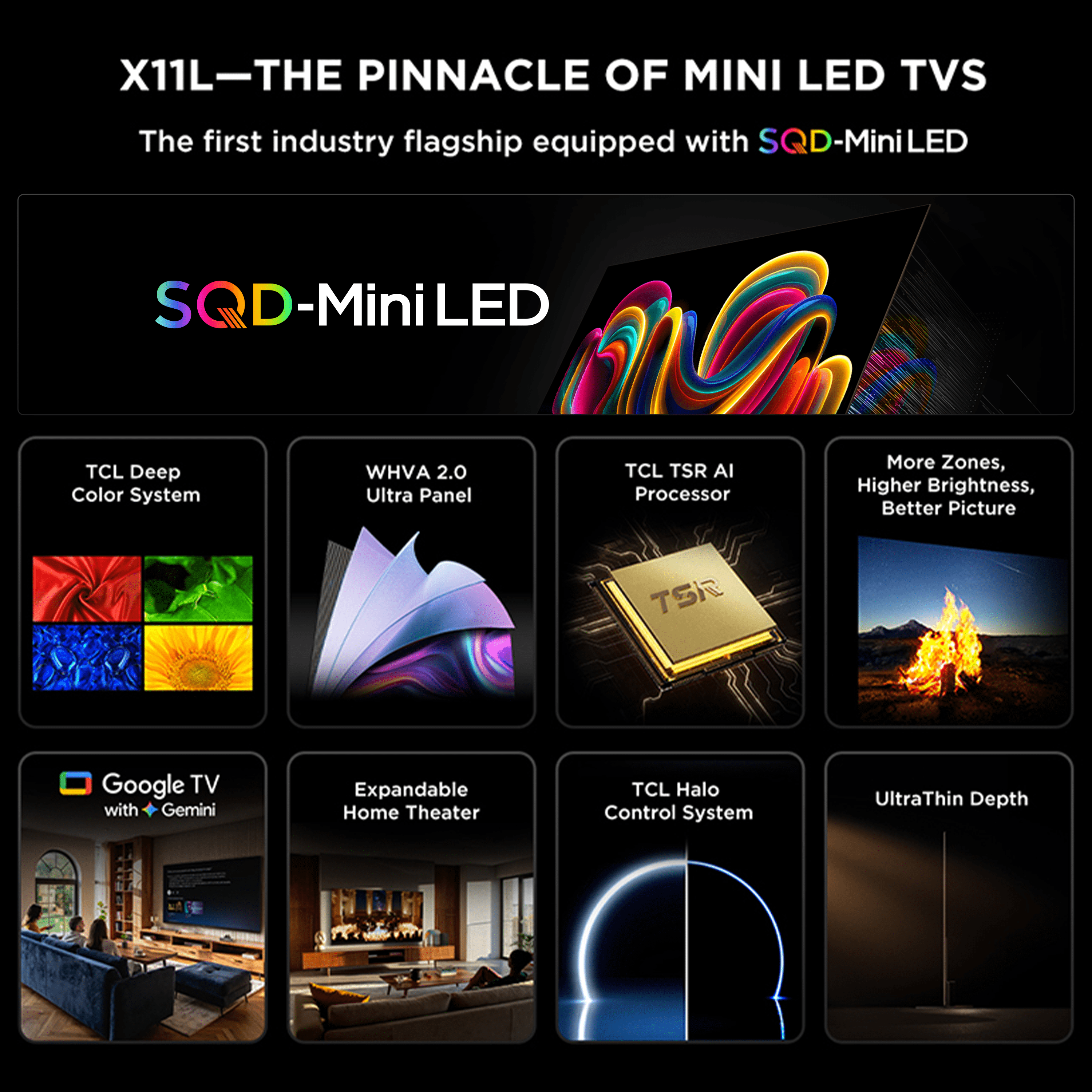 TCL 85” Class X11L Series QLED SQD-Mini LED Smart Google TV (NEW 2026) - Deep Color System with Super QLED, Up to LD20000 Precise Dimming Series, Up to HDR10000 Peak Nits, UltraThin Depth - 85X11L