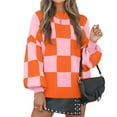 thumbnail image 2 of Women's Fall Fashion Roll-Neck Long Sleeve Plaid Ribbed Knit Loose Pullover Sweater Tops Orange Checkered S, 2 of 9