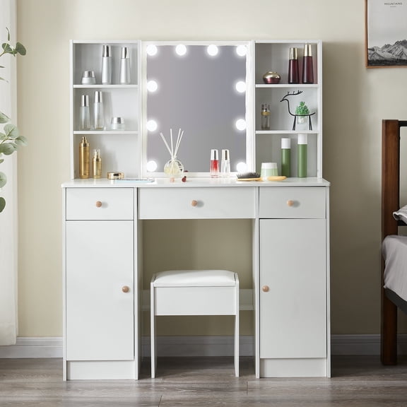 Teousev Lighted Makeup Vanity Table w/ Mirror and Stool, Modern Makeup Dressing Table, Vanity Desk Set with 3 Drawers and 6 Shelves for Bedroom, White