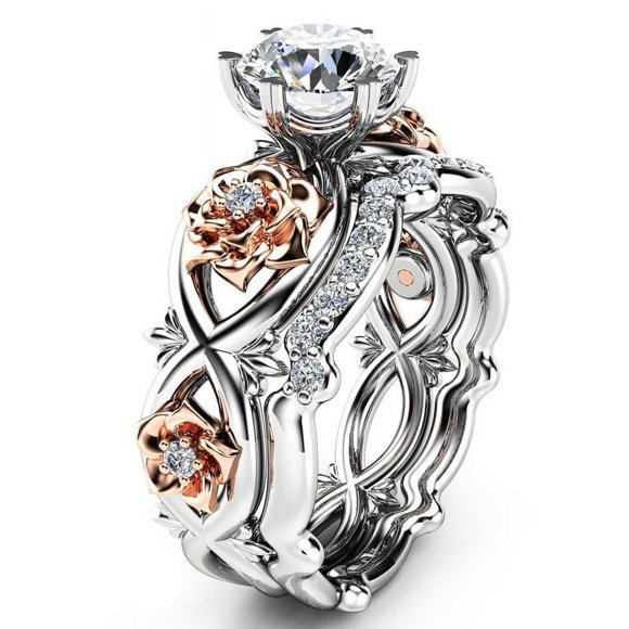 Elegant Floral Design Wedding Band Set for Women in Rose Gold and Silver Plated Finish with White Cubic Zirconia 2PCS