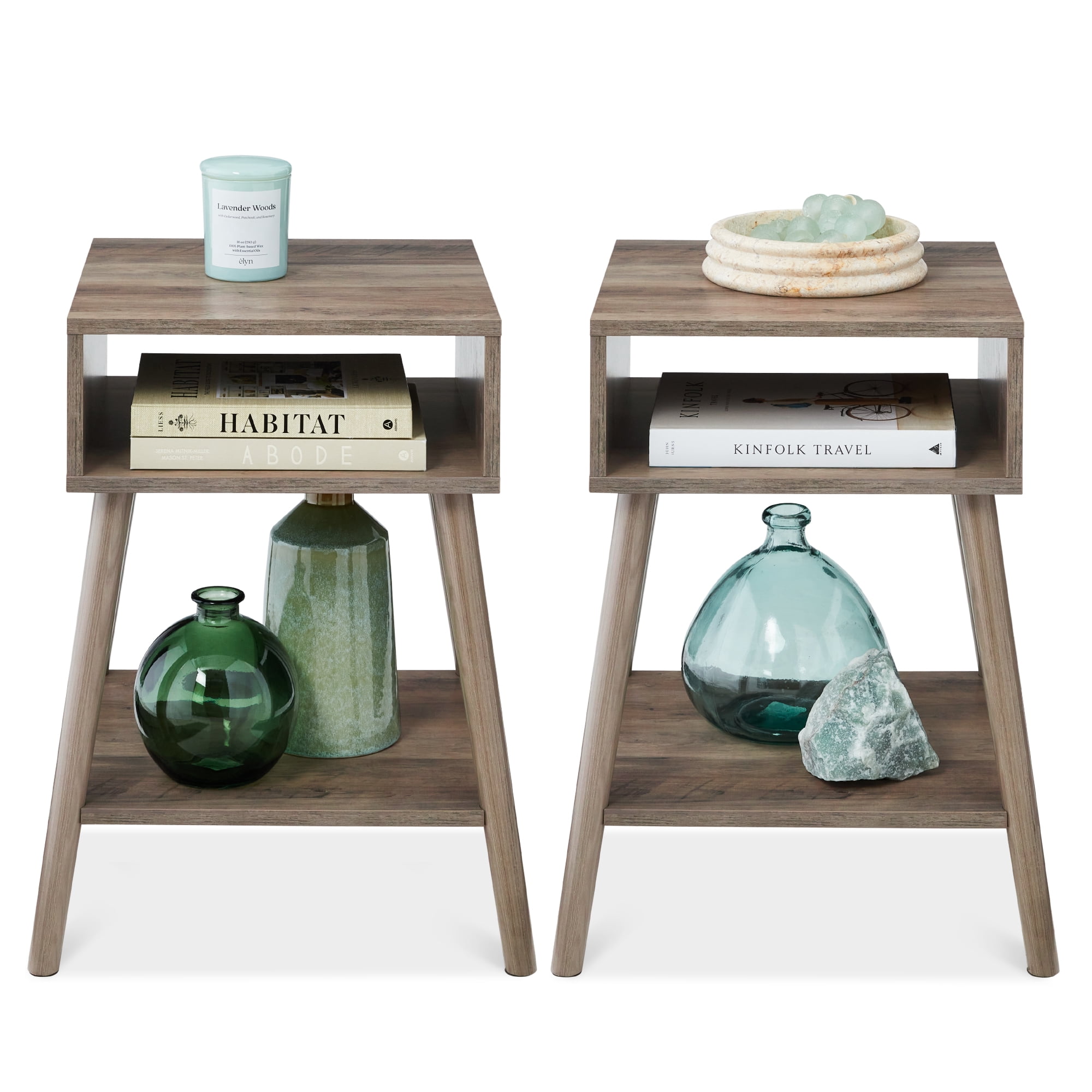 Best Choice Products Set of 2 Mid-Century Modern End Tables w/ Cubby Storage, Lower Shelf, Offset Legs - Gray Oak