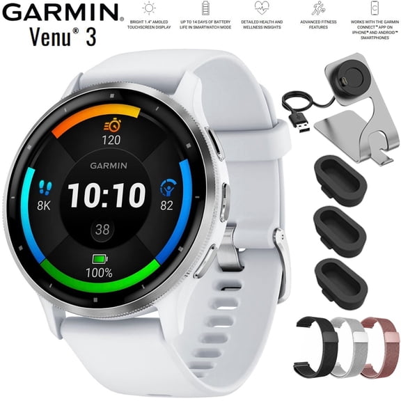 Garmin Venu 3 Health Fitness GPS Smartwatch Silver Steel Bezel with Whitestone Case 45mm 010-02784-00 Bundle with Deco Essentials Milanese Band 3 Pack, Charging Dock and Silicone Dust Cover 3 Pack