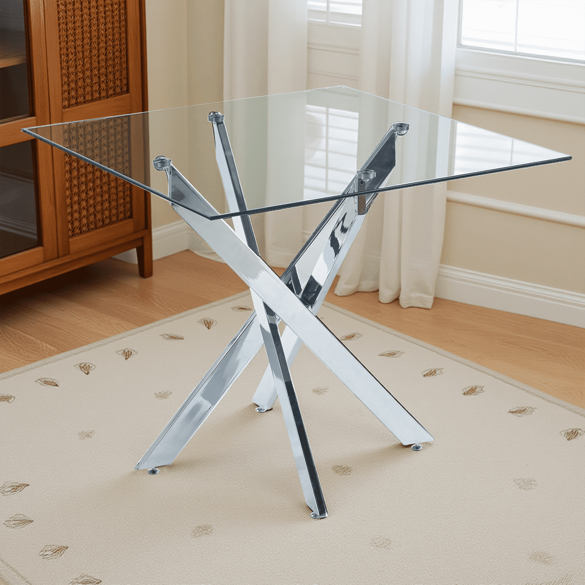 MAYEERTY Modern Square Dining Table Cross Legs Tempered Glass Top Space-Saving Living Room
