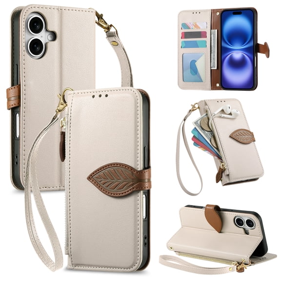 Wallet Case for iPhone 16 Plus Flip PU Leather Protective Kickstand Cover, with Lanyard & Crossbody Strap Shock-Absorbent Card Slots Zipper Pocket Leaf Design Magnetic Clasp Phone Case, White
