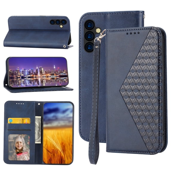 Feishell Compatible with Samsung Galaxy A14 5G Slim Wallet Case with ID Credit Card Slots & Wrist Strap,Shockproof PU Leather Magnetic Closure Folio Flip Kickstand Protective Phone Cover,Blue