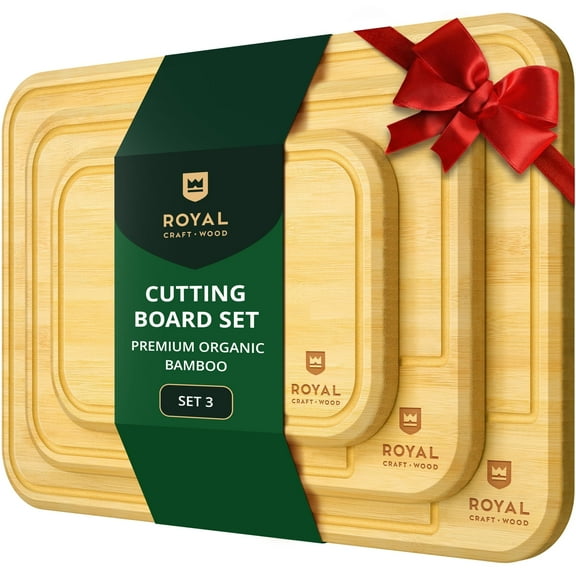 Royal Craft Wood Premium Set of 3 Bamboo Cutting Boards for Kitchen - Wooden Cutting Board & Serving Tray with Juice Groove for BBQ, Fish & Vegetables