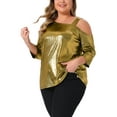 thumbnail image 4 of Agnes Orinda Women's Plus Size Metallic Tops Glitter Sparkle One Shoulder 3/4 Sleeve Shiny Party Tee Blouse 1X Gold, 4 of 6