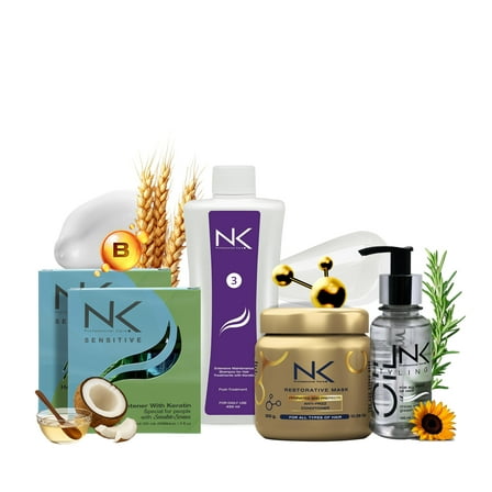 NK Sensitive Keratin Hair Straightening Treatment, Vegan, Formaldehyde Free. Kit Steps 1,2,3,4,5. Sensitive straightening treatment, home care shampoo, Hair Mask and Styling Oil. (8oz)