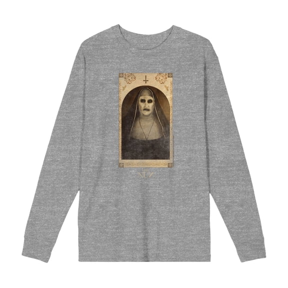 The Nun Scary Demon Face Woman Adult Heather Gray Crew Neck Long Sleeve Tee-Medium