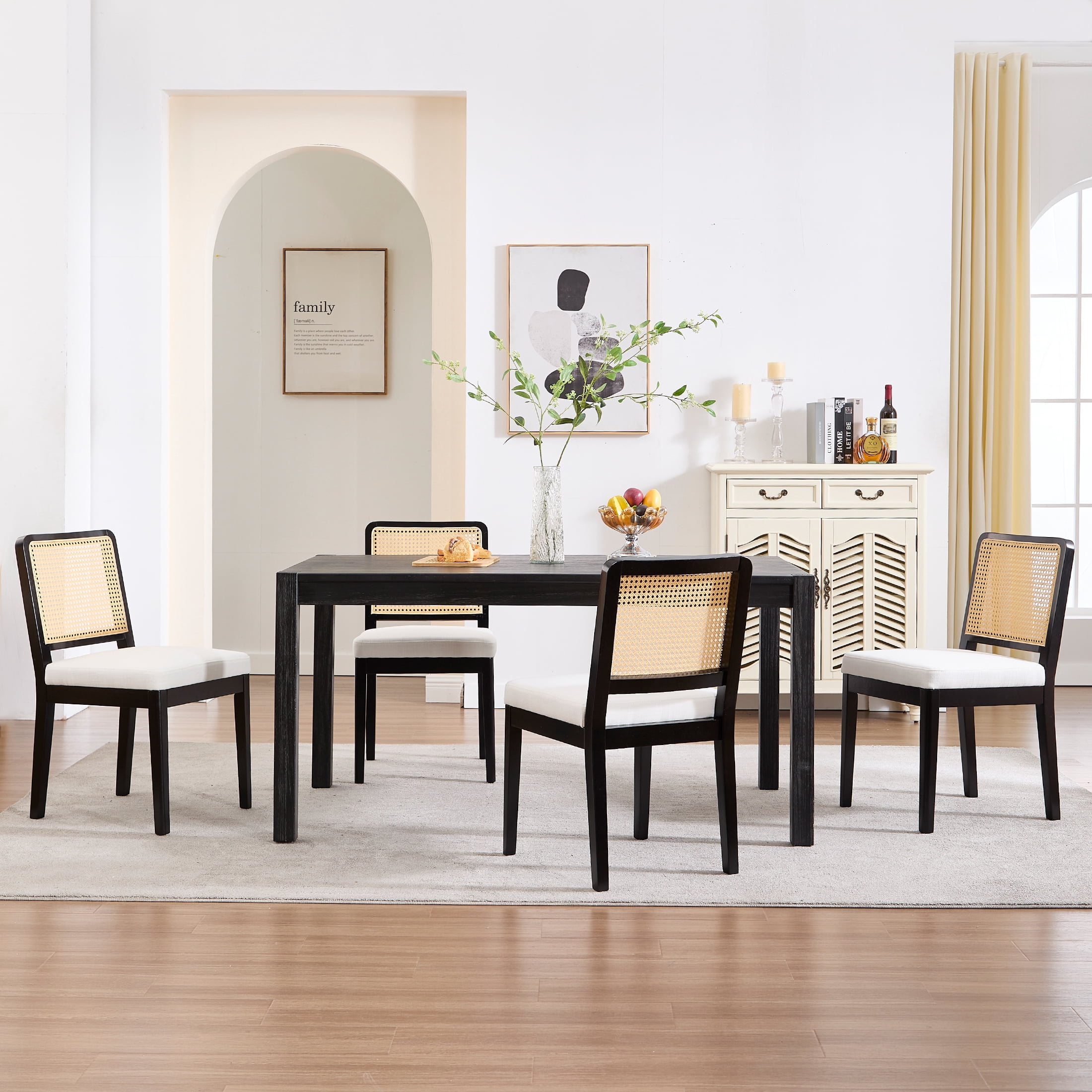 Guyou Farmhouse Rattan Dining Chairs Set of 6, Modern Wooden Kitchen Chairs with Cane Back, Linen Upholstered Dining Room Chairs, Boho Wicker Woven Dining Side Chairs for Dining Room, Beige