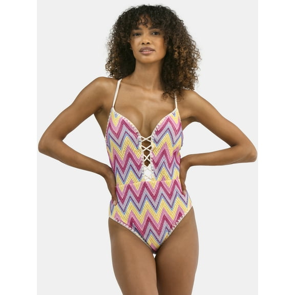 Jessica Simpson Women's Chevron Crochet One Piece Swimsuit, Sizes XS-XXL
