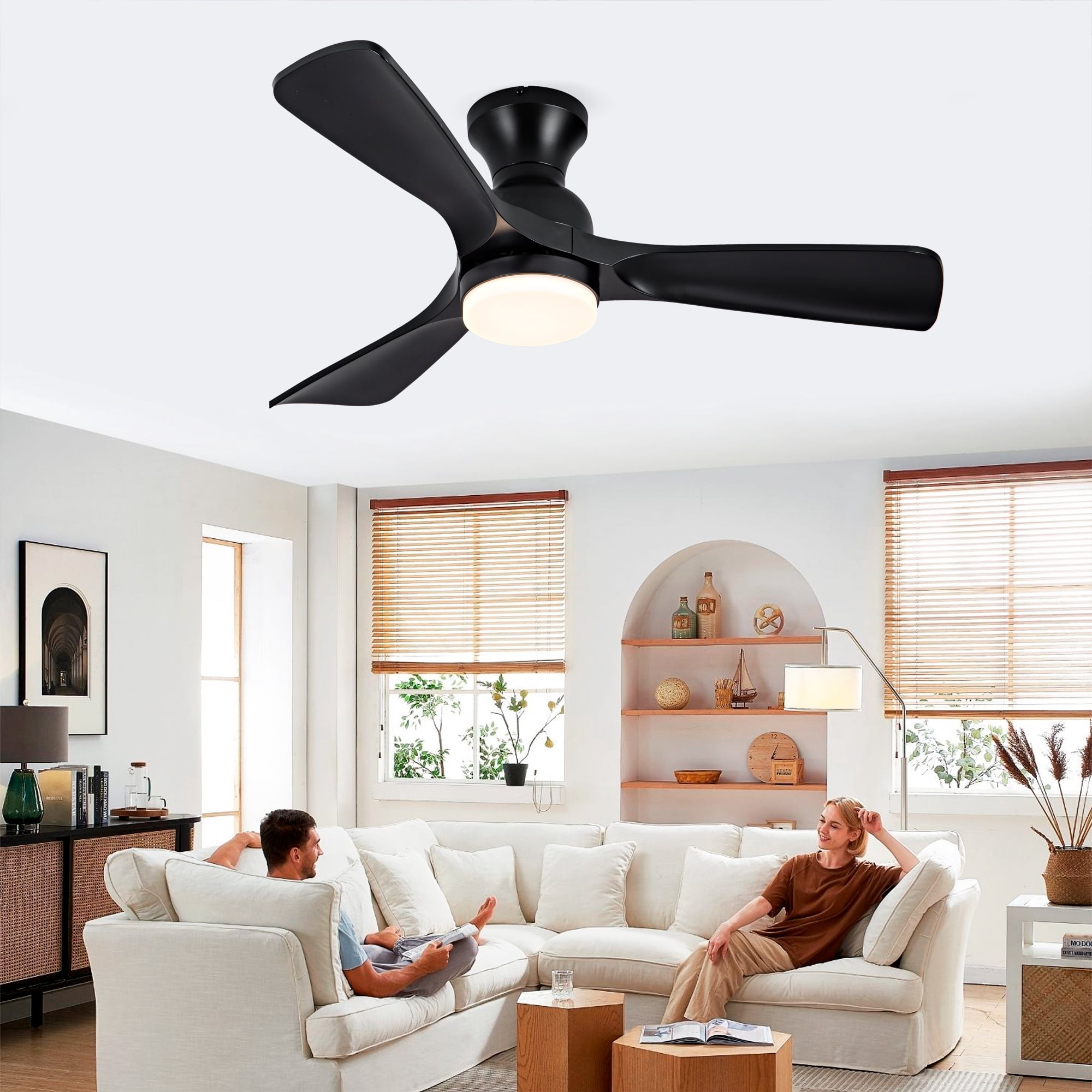 Ceiling Fan with Lights, 42 Inch Flush Mount Remote Control ABS Blades Indoor Ceiling Fan for Bedroom Living Room, Black