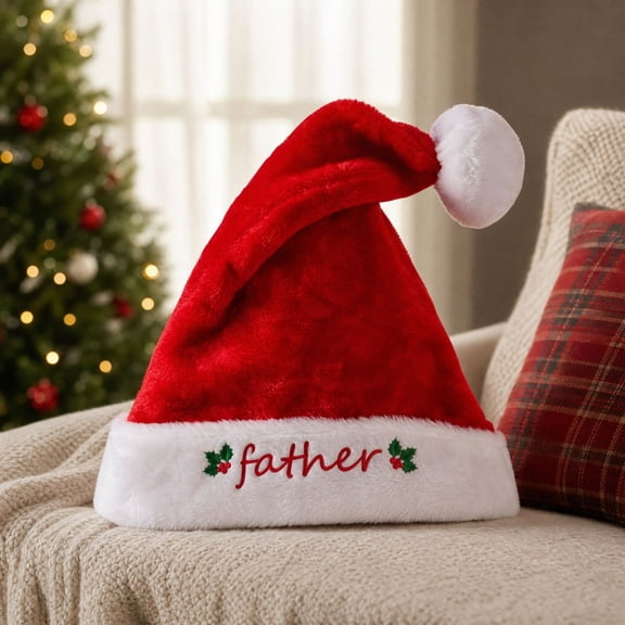 Cififendec Plush Christmas Santa Hat, 15.75" x 11.81", Embroidered Father Size Soft Holiday Headwear