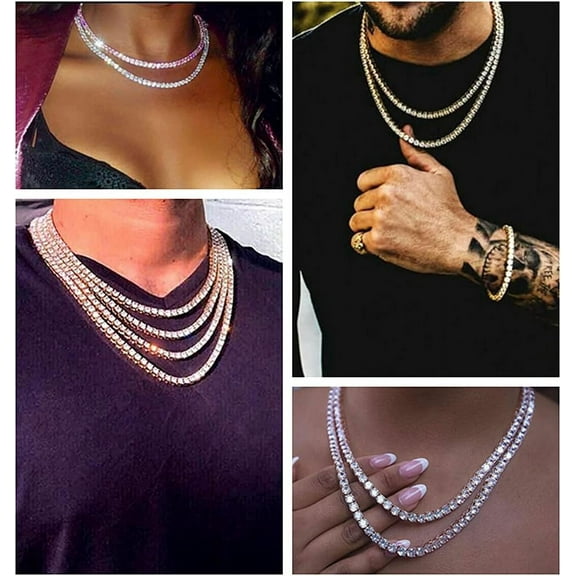 Gold Silver Iced Out Diamond Tennis Chain Necklace For Men Women, Rhinestone Tennis Necklaces For Women And Teens, Tennis And Cuban Link Chains 18-30 Inches[o2569]