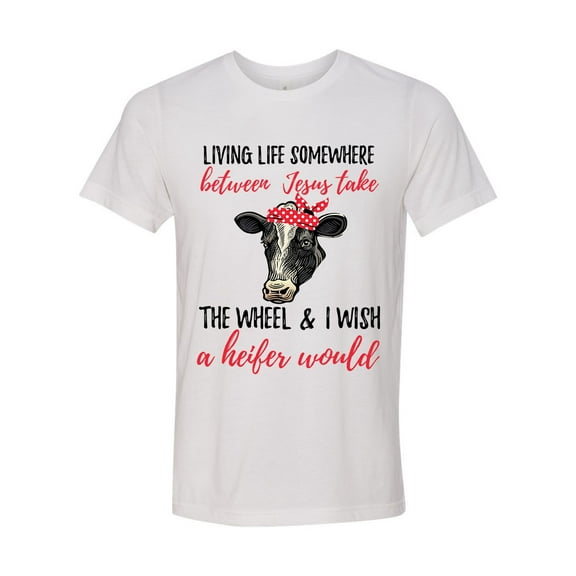 Unisex Adult Fit Cow Jesus Take The Wheel Heifer Short Sleeve T-shirt-White Triblend-large