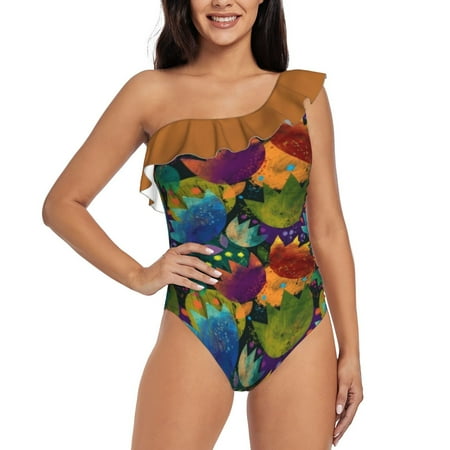 Flowers One Shoulder Ruffle Swimsuit Women Swimwear Sexy Beach Wear Summer Bathing Suits Flower Flowers Floral Colours Texture