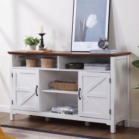 SAZYY 58 Inch Farmhouse Sideboard Buffet Cabinet with Adjustable Shelves, Kitchen Dining Storage