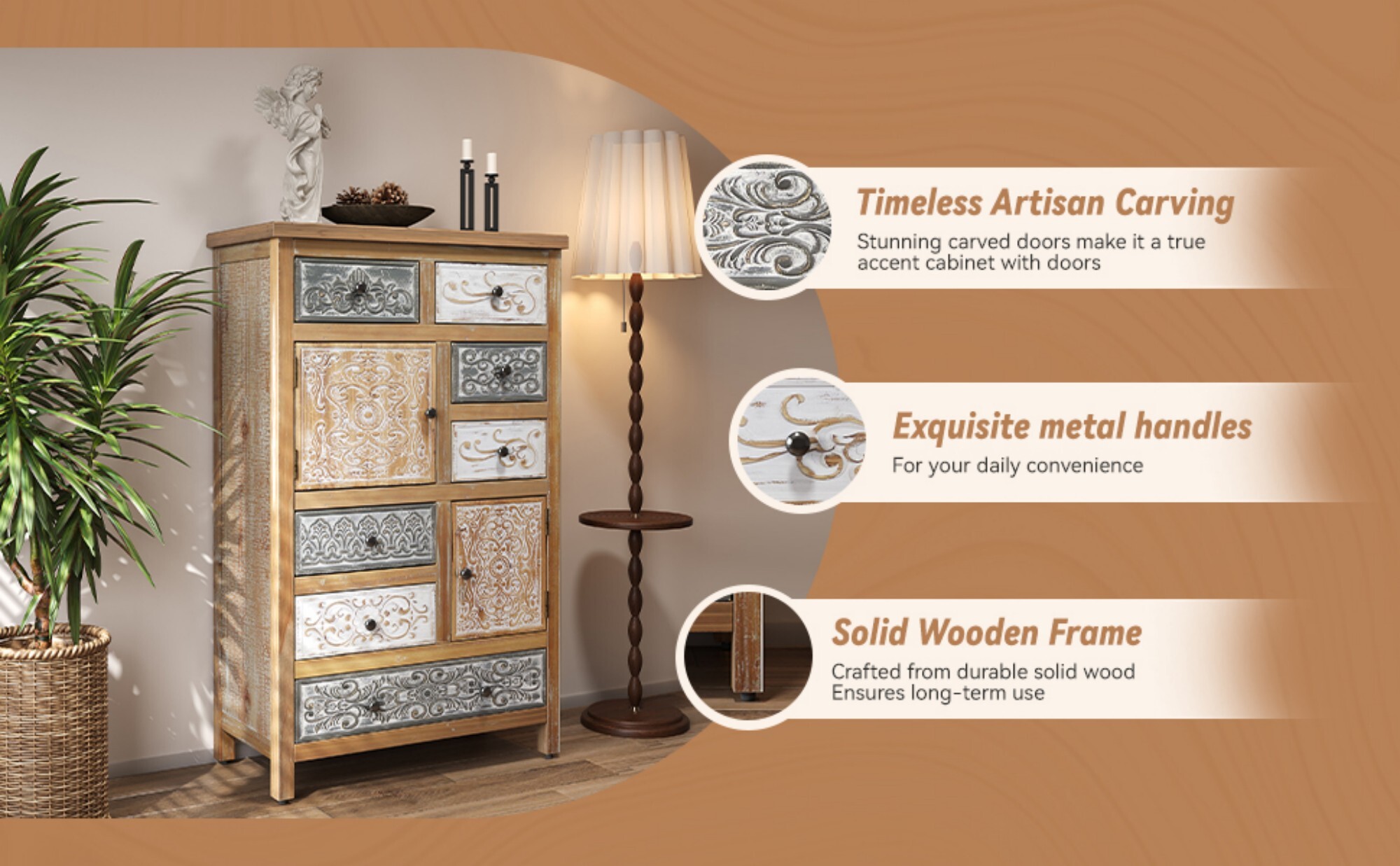 AENKYO Vintage 7-Drawer Tall Cabinet, Bohemian Storage Dresser with Distressed Finish for Bedroom, Living Room & Entryway