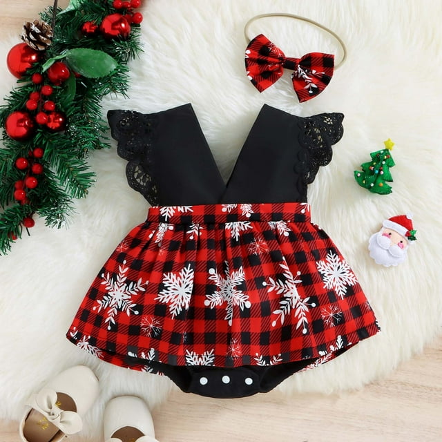 EGNMCR Barboteuse à Imprimé de Noël pour Tout-Petits Bébés Enfants Filles, Robe Dos Nu, Ensembles Robe Fille