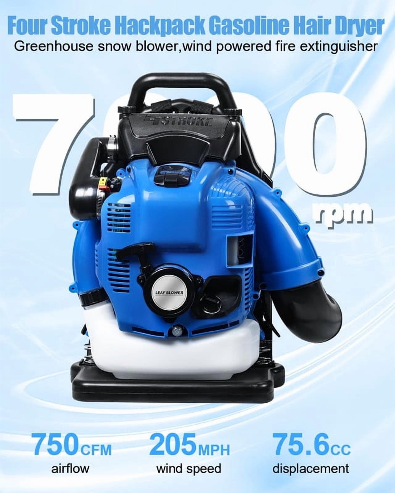 YNCE Backpack Leaf Blower Gas Powered - 75.6CC 900 CFM 2 Cycle Backpack Gas Powered Leaf Blower, Grass Lawn Blower Air Cooling Gasoline Backpack Grass Blower, Backpack Snow Blower for Garden (Blue)