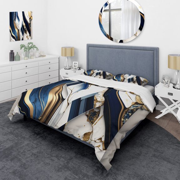 Designart "Geometric Blue in Geode Art V" Animals Bedding Covert Set - Abstract Geometric Blue Abstract Bed Set With 2 Shams