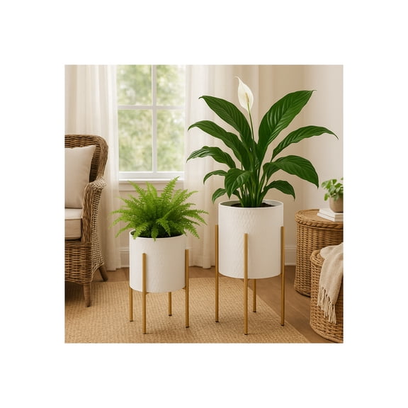Decorative Flower Pots with Metal Stand for Home Decor - Modern Planters for Hallway, Entryway, and Living Room Decor - Indoor and Outdoor Pots for Plants Styling - Set of 2, 23", 19", White & Gold
