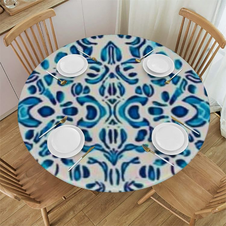 Blue White Round Tablecloth with Elastic Cool Ornate Swirls Vintage Gothic Victorian Waterproof Wipe Clean
