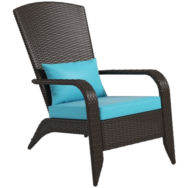 Outsunny Rattan Adirondack Chair Wicker Fire Pit Chair with Cushion in Turquoise. Features a deep brown PE rattan wicker frame with a tall curved backrest, wide armrests, and ample seat space. Includes turquoise padded foam cushions with removable covers. Ideal for fire pit seating or outdoor settings like patios, porches, or poolside. Dimensions: 25.6" W x 31.5" D x 30.3" H.