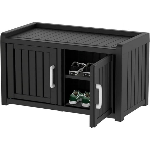 DRATO Indoor Outdoor Shoe Storage Cabinet,Waterproof Shoe Cabinet with Adjustable Shelves,Multifunctional Resin Storage Bench for Entryway, Foyer,Hallway(Black 31.89 * 17.32 * 17.91)